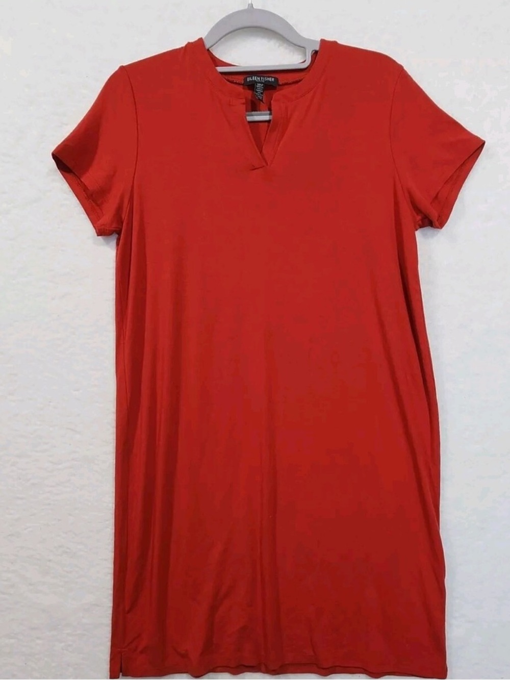Eileen Fisher Cinnamon Red V-Slit Short Sleeve Dress, size medium